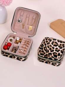 1 Leopard Print Jewelry Box, Portable Jewelry Earring Ring Storage Box, Small Exquisite Necklace Box For Women Storage Organizer Travel Essentials Back To School Dormitory Storage - Multicolor - View 3