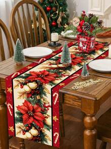 1pc 35*180cm/13.78*70.87inch Christmas Tablecloth, Red Candle, Holly, Golden Christmas Flower & Bell Decor With Golden Edge, Festival Fabric Decoration Suitable For Dining Table, Coffee Table, Hallway, Create Warm Christmas Atmosphere