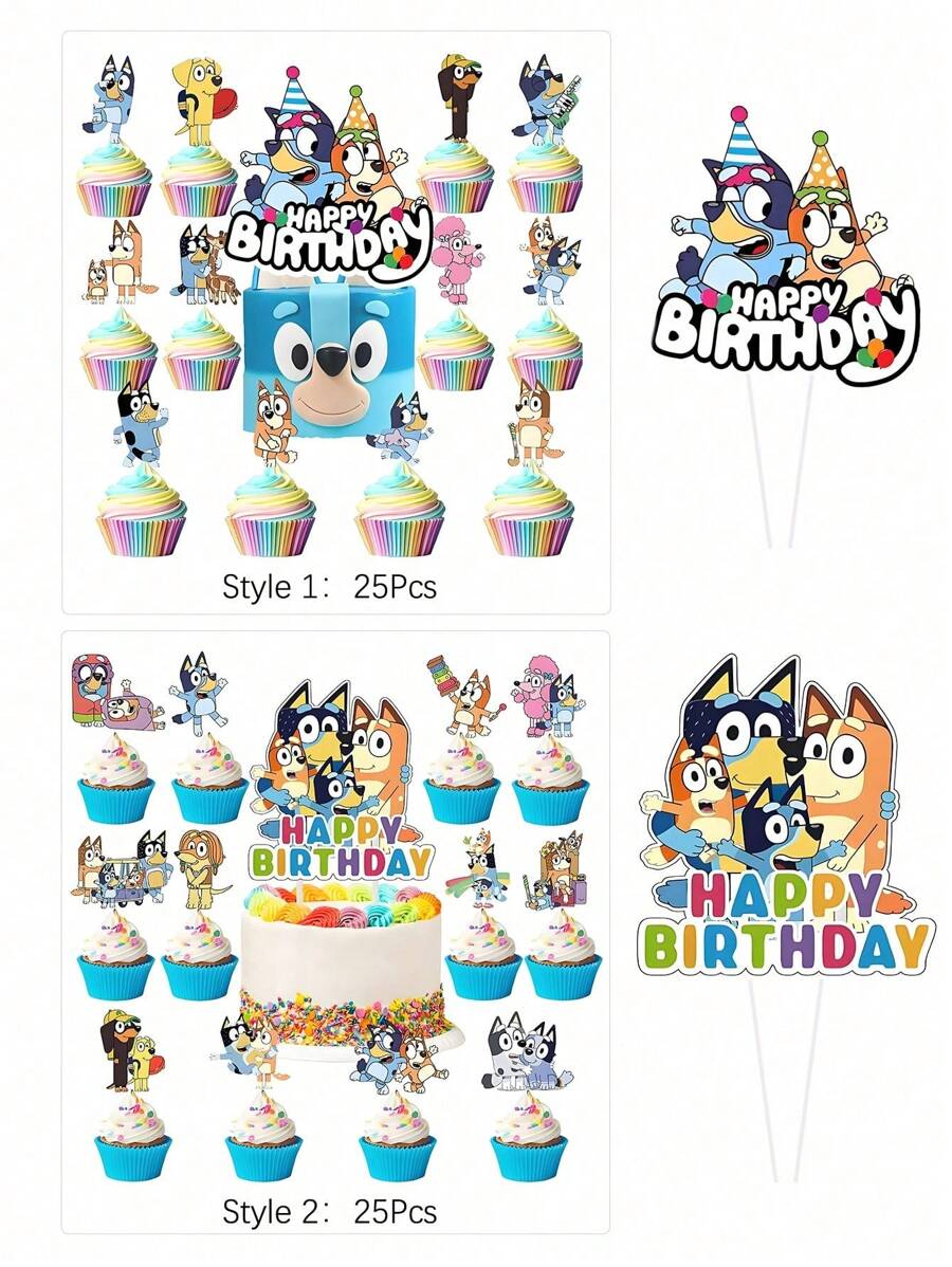 Bluey ديكور حفلة عيد ميلاد بلوي الكرتونية، ديكور حفلة عيد ميلاد كارتوني يشمل علم كعكة كبيرة وعلم كعكة صغيرة