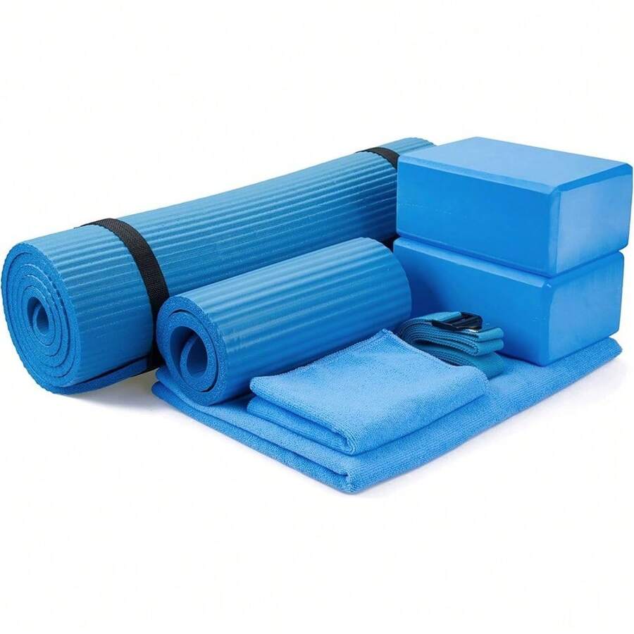 Local Delivery 7-Piece Yoga Equipment Set With Multiple Colors - Yoga Mat With Carrying Strap, 2 Yoga Blocks, Yoga Mat Towel, Yoga Hand Towel, Yoga Strap And Yoga Knee Pad - 藍色 - 查看 1