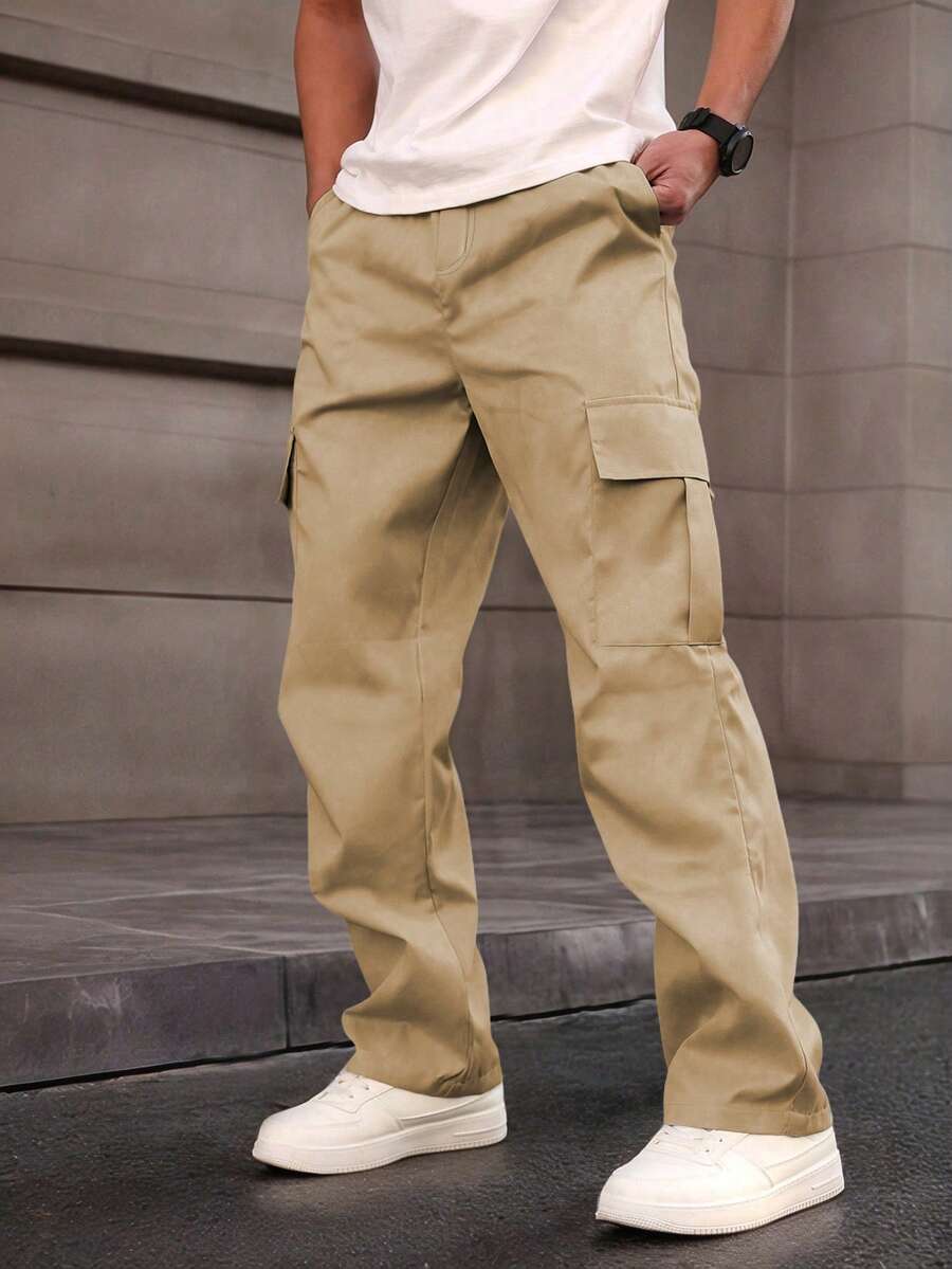 1 件男童和青少年休闲宽松多口袋直筒裤，适合运动和户外，春夏秋 - 卡其色 - 查看 1