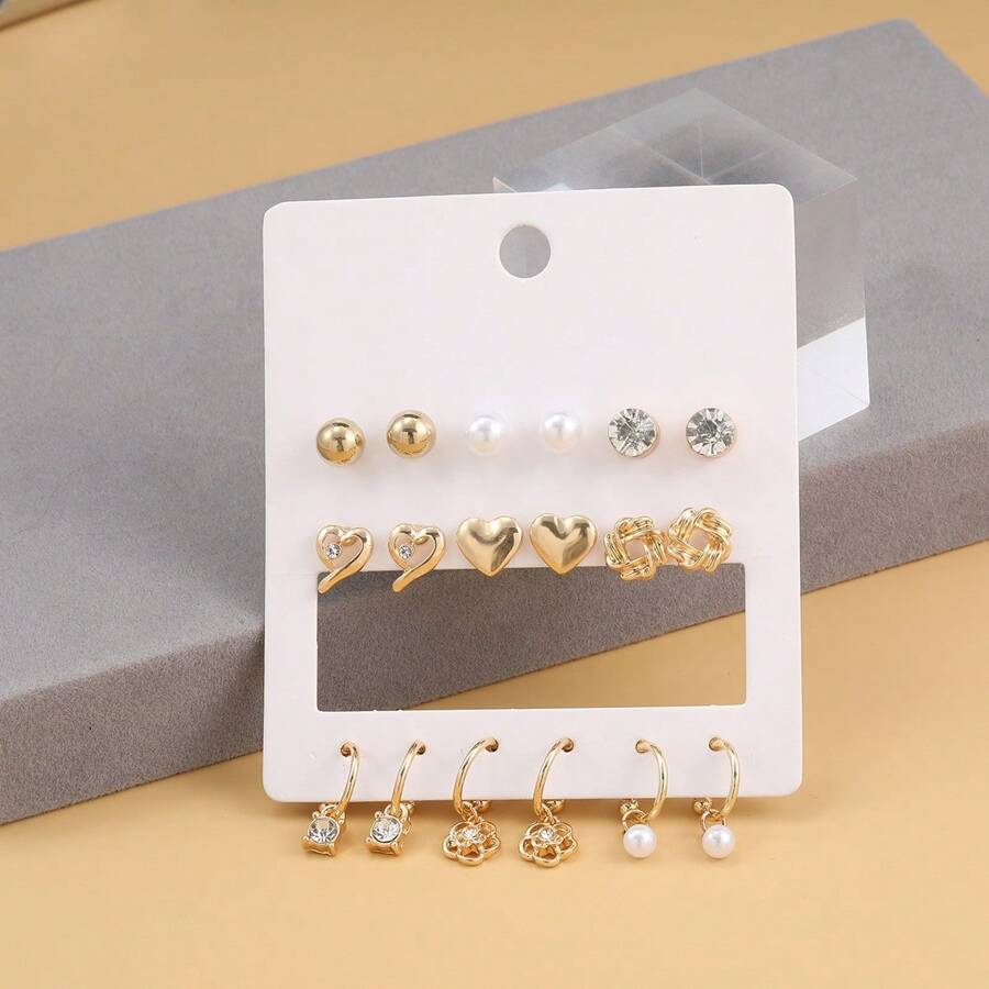 1 Set de 9 pares de pendientes de tono dorado de moda para mujeres, material de circonita con pendiente de acero inoxidable Posts, hipoalergénico, adecuado para uso diario y vacaciones, Set diseñado específicamente para hembras