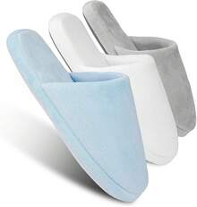 3-Pair Luxury Spa Slippers - Cotton Memory Foam Non-Slip Closed Toe Washable Slippers For Hotel,Guest,Travel,Bride,Women And Men - 3雙-藍色/灰色/白色 - 查看 1