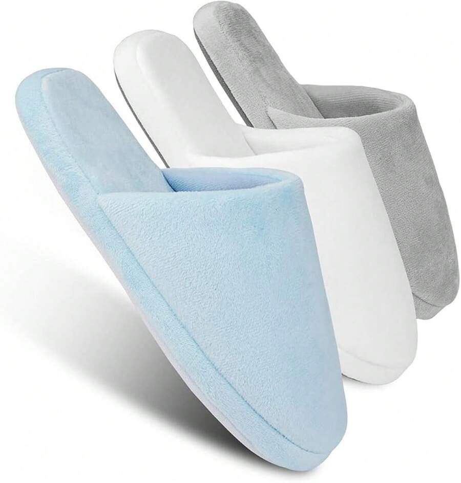 3-Pair Luxury Spa Slippers - Cotton Memory Foam Non-Slip Closed Toe Washable Slippers For Hotel,Guest,Travel,Bride,Women And Men - 3雙-藍色/灰色/白色 - 查看 1