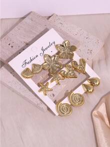 1/6 对时尚金贝壳、海星、五瓣花、心形、水滴形耳环套装，适合女性日常佩戴 - 金色 - 查看 11