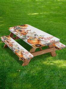 3 Piecesset Picnic Table Cover & Bench Covers - Pumpkin Sunflower Leaves Fall Maple Leaves Fitted Camping Tablecloth With Elastic Edges, Outdoor Waterproof Rectangle Table Cloth, 72x30Inch