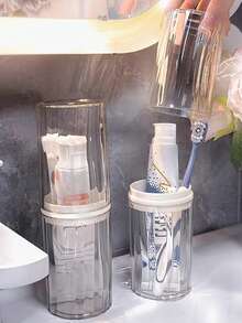 1件透明便携式浴室漱口杯，多功能牙刷、牙膏、梳子、口红、剃须刀收纳盒，高端防尘浴室储物罐，户外旅行洗漱用品收纳盒，校园宿舍刷牙工具收纳盒 - 彩色 - 查看 5