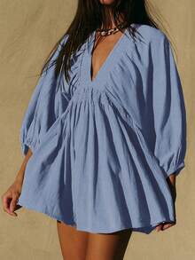 新款优雅时尚性感深 V 领泡泡袖休闲迷你连衣裙，女式度假风波西米亚风、西部风、热带风和太阳风连衣裙，春夏 - 灰藍 - 查看 3