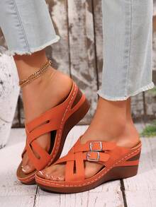 Women's Retro Thick-Soled Sandals, Open-Toe Cross-Cut Open-Heel Casual Shoes, Comfortable Wedge-Heeled Sandals For Summer - Quả cam - Xem 3