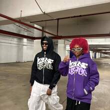 Red, Pink, Purple Multi-Color Lettered Cardigan Sweater With Printed Cotton Material On Top New  Men Punk Harajuku Hip-Hop Loose Casual Couple Fashion Sports Hoodie Street Wear  Christmas - 紫色 - 查看 6