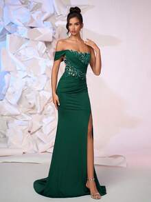 Đầm dạ hội đuôi cá hở lưng đính cườm hoa thanh lịch dành cho quý cô, thích hợp cho dạ hội, khách dự tiệc cưới, tiệc tùng - Màu xanh lá cây đậm - Xem 4