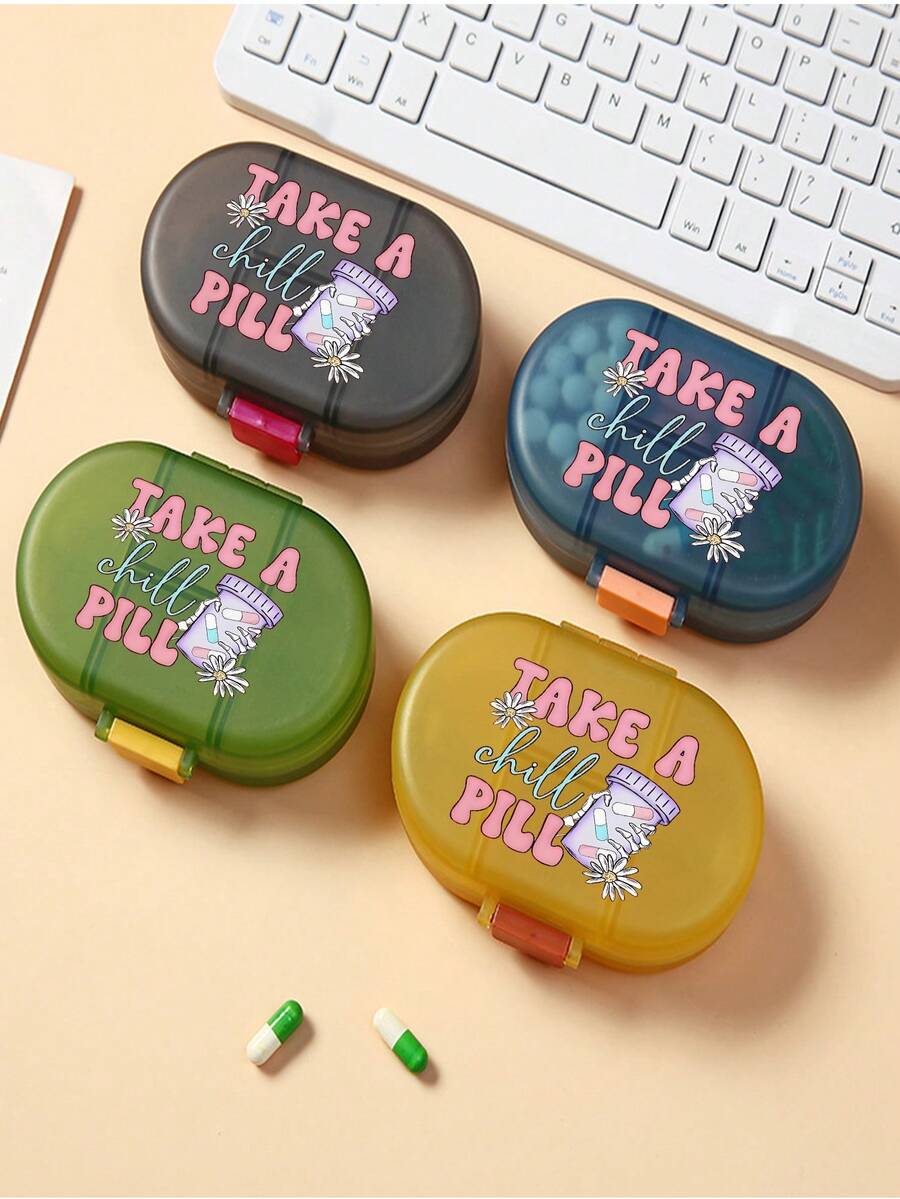 1 个椭圆形药盒、六格便携式药盒、迷你药盒、印有药品的便携式珠宝和药盒、存放在不同区域、带有字母徽标的个性化创意礼品、装饰性旅行药盒和独特设计的盒子适合旅行和户外活动、包袋、 - 彩色 - 查看 1