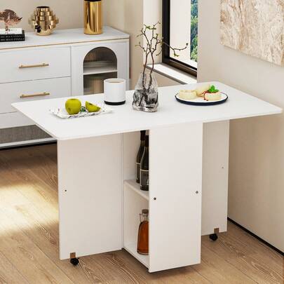 Table pliante mobile, table à manger pliante avec roulettes, table de cuisine pliante avec 1 armoire et 2 étagères, table de cuisine extensible adaptée aux petits espaces (110x70x78cm)