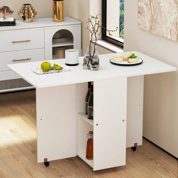 Table pliante mobile, table à manger pliante avec roulettes, table de cuisine pliante avec 1 armoire et 2 étagères, table de cuisine extensible adaptée aux petits espaces (110x70x78cm)