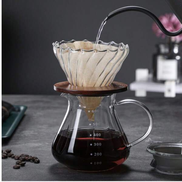 1pc High Borosilicate Glass Coffee Pot, Heat Resistant Coffee Sharing Pot With Walnut Wood Coffee Stand, Funnel Filter