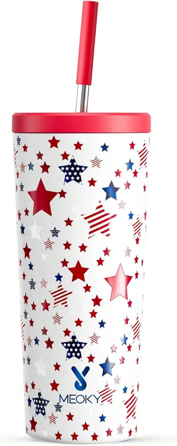 24 Oz Insulated Tumbler With Lid And Straw, Stainless Steel Vacuum Insulated Tumbler, Keeps Cold For 24 Hours, 100% Leak Proof, Fits In Car Cup Holder (Kiss) - 星星 - 查看 1