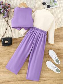 Kid Toddler Girls Suits Baptism Day Church Outfits Formal Wedding Guest Outfit Tuxedo Waistcoat Long Sleeve Mock Neck T Shirt Pants Sets 3pcs Dress Clothes 3-10 Years - 紫色 - 查看 6