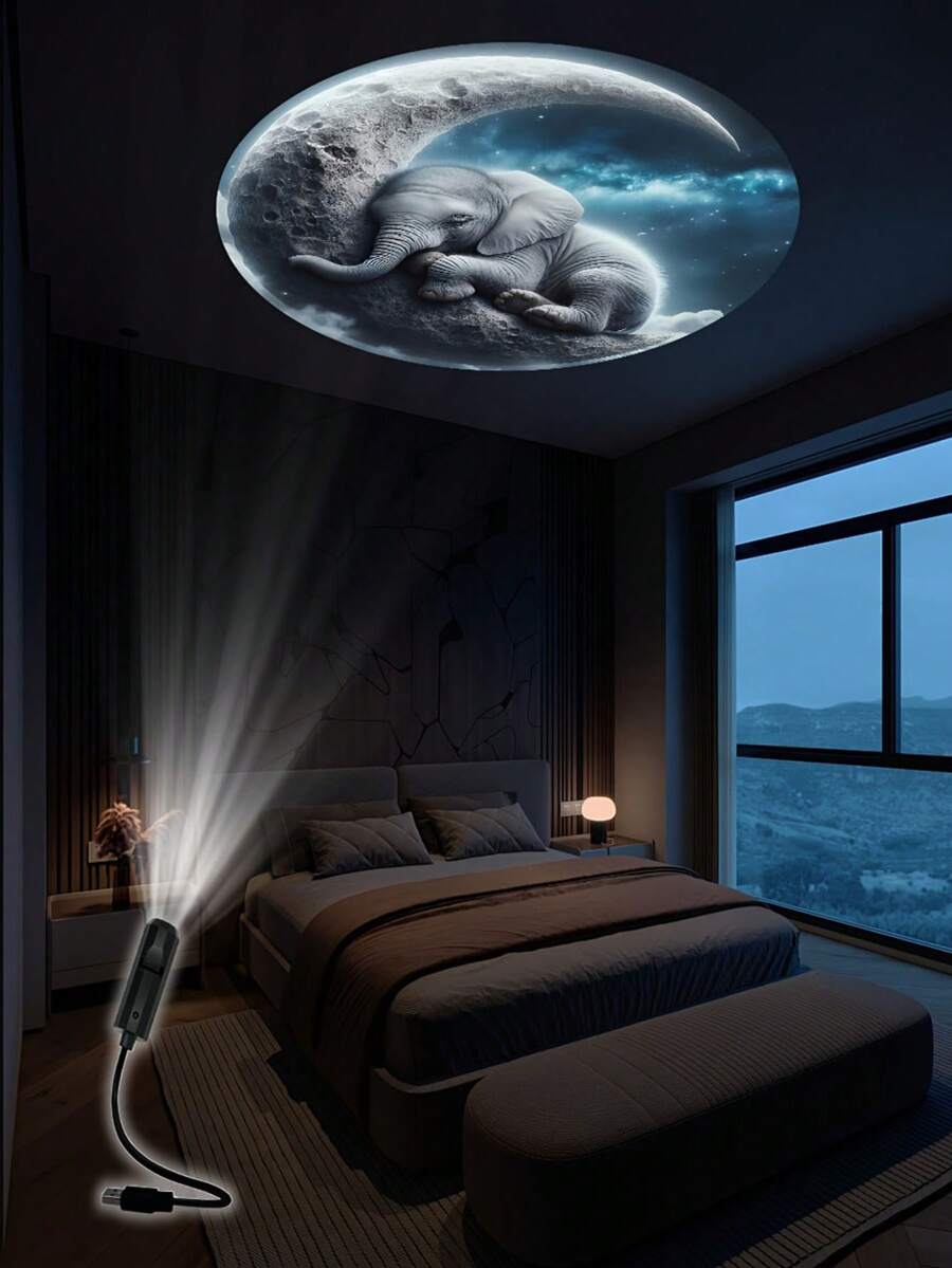 360°旋转USB夜灯投影仪 - 大象造型，便携式LED墙面装饰，适用于卧室氛围、天花板和照片背景，完美的家居装饰，卧室夜灯 | 宁静卧室灯 | 可旋转灯，卧室LED灯 - 黑色 - 查看 1