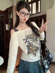 Y2K Sexy Off-Shoulder Long Sleeve T-Shirt For Women, Casual Loose Fit Personalized Graphic Tee, Suitable For Autumn/Winter, Christmas, Spring New Year