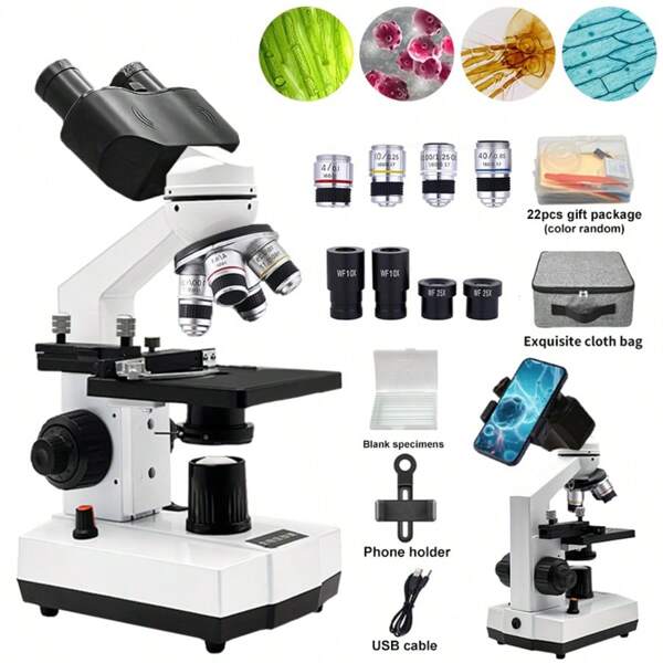 Biologisches optisch zusammengesetztes Binokular Mikroskop, aufgerüstet mit 4 Objektiven, 40X-2500X Vergrößerung, aufgerüstet mit oberer und unterer LED-Beleuchtung, inklusive Weitfeld-Okulare und Beobachtungsgeschenkset, Binokular Mikroskop mit Metallgestell für Experimente
