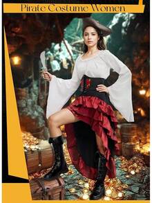 Costume Women Outfit With Renaissance Shirt Skirt Corset Waist Belt Womens Halloween Costumes (White+Red, S) - 白色+紅色 - 查看 3