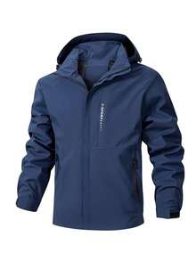 Men's Jacket, Spring & Autumn Men's Solid Color Patchwork Design Zipper Hooded Minimalist Jacket With Zipper Pockets, Outdoor Jacket - الأزرق - مشاهدة 2