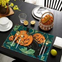 Juego de 4/6 piezas, decoración para el hogar, fantasma de Halloween, mantel con estampado de cabeza de calabaza, adecuado para mesas de comedor, decoración multifuncional para primavera, verano, otoño e invierno, moderno y lavable, resistente al calor y a las manchas, decoración de habitación, posavasos, mantel de mesa de cocina, decoración a juego, decoración del hogar, regalo ideal para Halloween