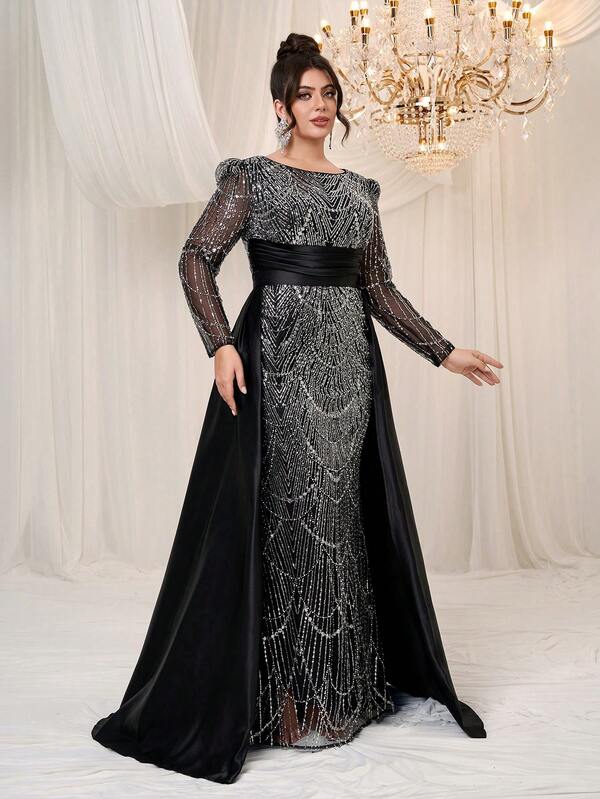 YISIKADO Plus Size Women's Luxury Formal Evening Gown, Curve-Flattering, Suitable For Balls, Parties, Galas, Sequin & Beaded Round Neck Long Sleeve Mesh & Satin Color Block Design Wedding Party Black