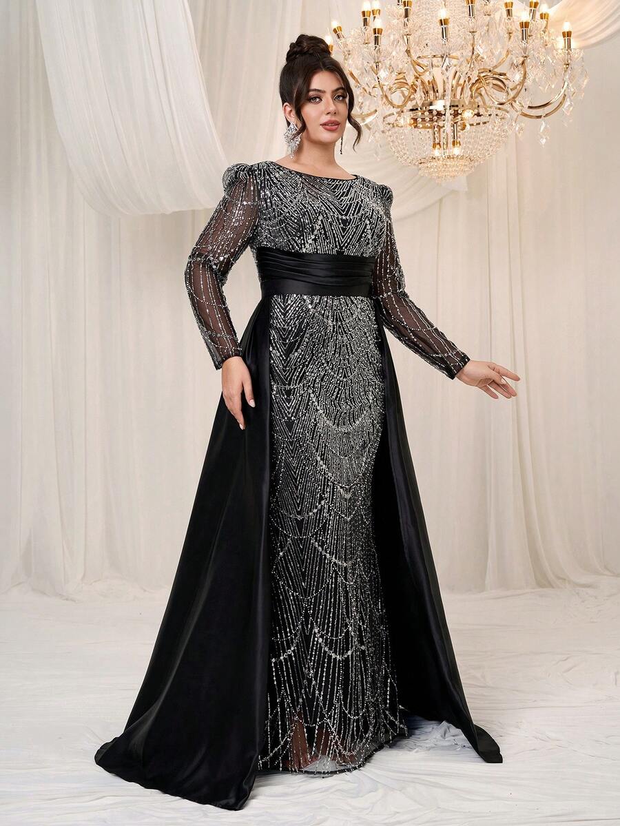 YISIKADO 大码女士奢华正式晚礼服，修身显瘦，适合舞会、派对、盛会、庆典等场合，采用珠饰亮片圆领长袖网纱撞色缎面设计，亦可作为婚礼宾客礼服，或出席毕业典礼、宴会、盛大活动等。