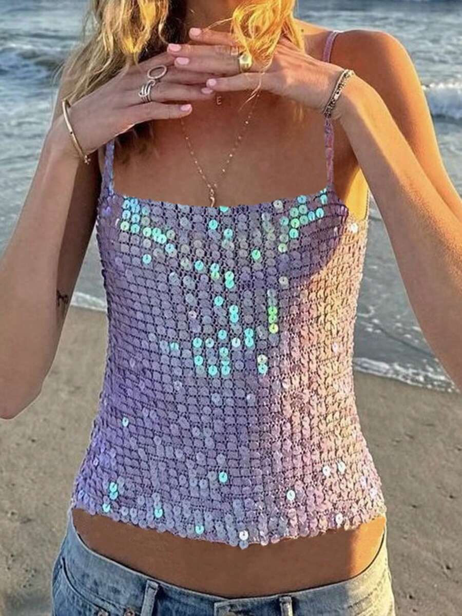Women's Sleeveless Glitter Sequin Tank Tops Shimmer Vest Tops Glitter Camisole For Women - 紫色 - 查看 1