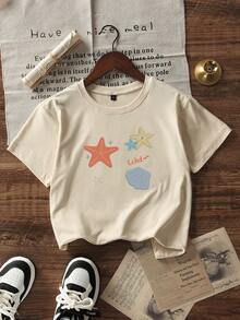 少女休闲印花杏色圆领短袖T恤，夏季上衣 - 杏色 - 查看 3