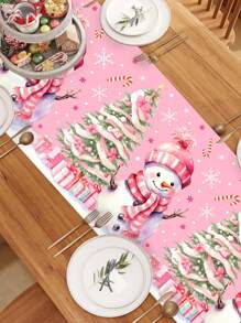 1 pieza Mantel de poliéster rosa de 35 * 180 cm / 13.78 * 70.87 pulgadas, mantel decorativo de muñeco de nieve, decoración de mesa navideña, decoración de mesa para fiesta de Navidad, textil de atmósfera cálida de invierno
