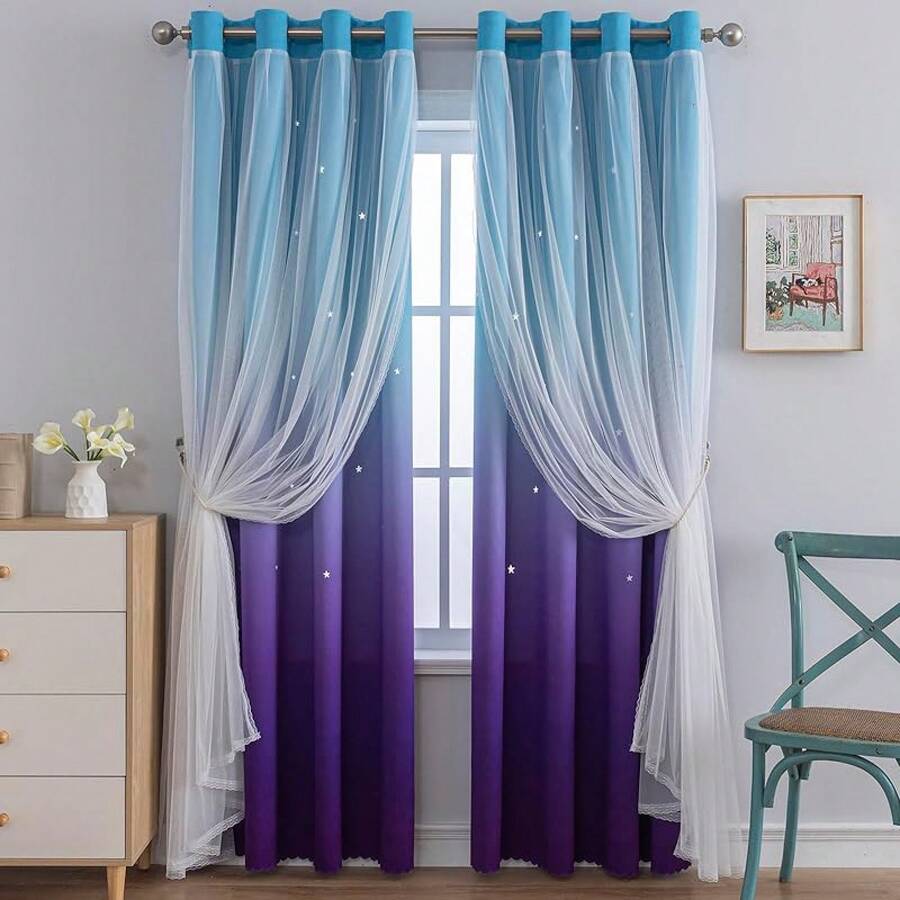 Anytime Dream Star Blackout Curtains For Rooms Girl Princess Curtain For Daughter Bedroom Window (Blue,1 Panel,W52 X L63inch)-FUNALING - 紫色 - 查看 1