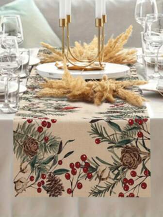 1pc Winter Theme Pine Branch Printed Table Runner, Featuring Pine Cone, Red Bird And Berry Pattern, Suitable For Farmhouse, Kitchen, Dining Room Decor, Perfect For Christmas Holiday Home Decoration