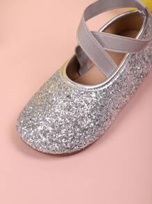 1 par de bailarinas planas de lona para niños con diseño brillante cruzado, zapatos casuales de moda tipo princesa de slip-on para primavera/otoño