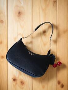 1 件黑色 Wild Letter 卵石纹 PU 皮革单肩包 - 夏季斜挎新月包，带樱桃吊坠，纯色腋下钱包，适合购物、海滩和学校