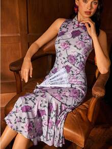 Wykwintna damska nowa chińska sukienka bez rękawów Cheongsam - klasyczny kołnierzyk typu stójka, elegancki kwiatowy nadruk, kaskadowe falbaniaste obszycie - formalna odzież na wieczorowe gale, bankiety w stylu black-tie, wesela, imprezy na czerwonym dywanie i dyplomatyczne kolacje - Słodki róż - Zobacz 4