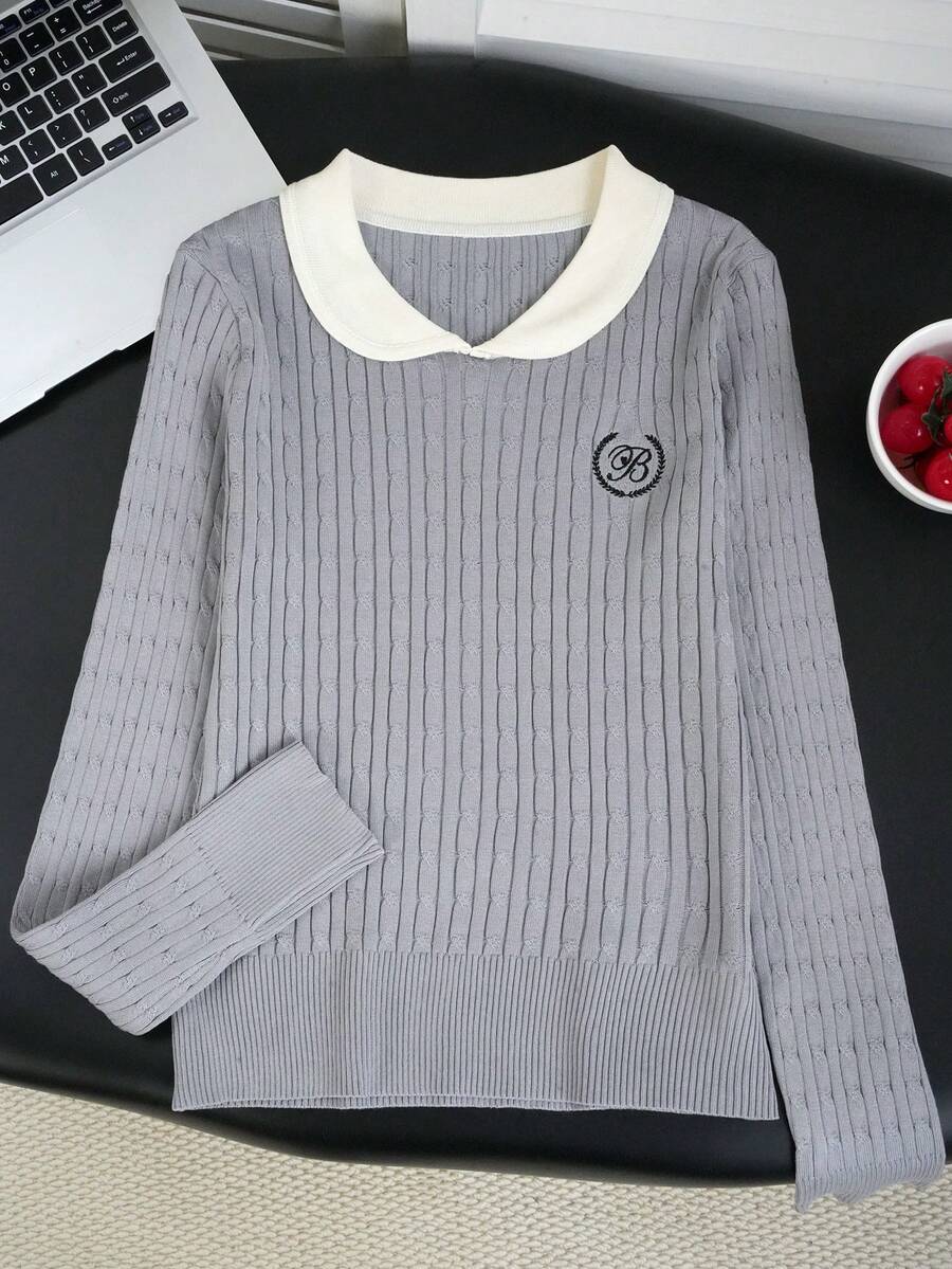Women Sexy Peter Pan Collar Contrast Color Knit Sweater, New Fall/Winter Basic Pullover Sweaters With Embroidery - Grey - View 1