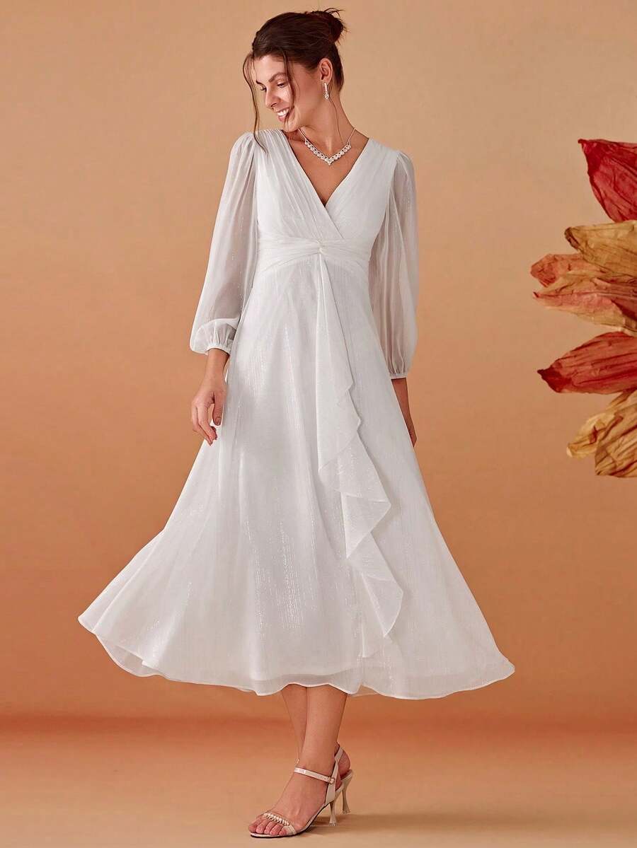优雅浪漫V领长袖荷叶边扭结中长连衣裙，秋季新娘送礼会派对礼服 - 白色 - 查看 1
