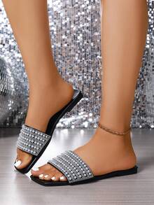 New Plus Size Luxury Anti-Slip Square Toe Mule Rhinestone & Pearl Embellished Fashion Versatile Women Beach Vacation Sandals - Black - View 3