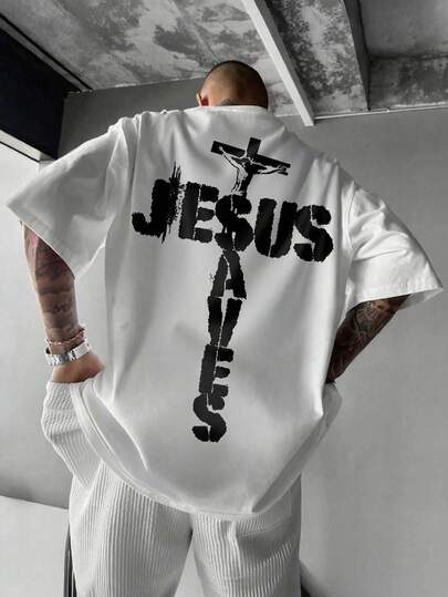 Camiseta casual de manga corta para hombre con cuello redondo, estampado minimalista de letra y Jesus, en color blanco, para verano
