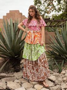 Faeriesty BohoBloom 女士露肩短袖波西米亚连衣裙 - 优雅的露肩上衣，俏皮的A字层叠裙摆，充满活力的波西米亚印花：完美适用于海滩度假、公园漫步、周末短途旅行、夏季野餐、休闲外出，尽显优雅气质。 - 彩色 - 查看 8