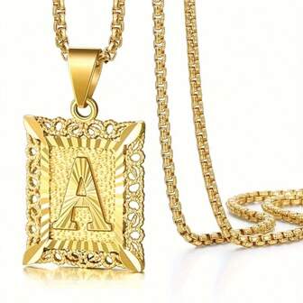 1pc Unisex Initial Letter Pendant Necklace, Gold-Plated Copper Hiphop Square Uppercase Letter A-Z Necklace With 24 Inch Box Chain