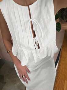 Conjunto de 2 piezas con top corto plisado con lazo y cuello redondo informal, y falda larga de cola de sirena de cintura baja - conjunto top sin mangas y falda fluida y transparente, traje de playa sexy de verano con blusa con lazo