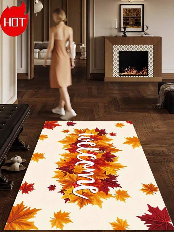 1pc Autumn Leaves Welcome Doormat, Made Of Premium Velvet Material, Skin-Friendly, Soft, Anti-Slip, Suitable For Living Room, Dining Room, Porch, Washable, Foldable, Easy To Clean, Durable, Personalized Home, Fashionable Home Decor