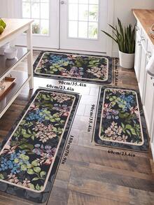 1pc Fashion Leaf & Text Print Kitchen Mat, Soft Plush Rectangular Non-Slip Absorbent Floor Mat, Suitable For Kitchen, Dining Room, Living Room - Multicolor - View 3