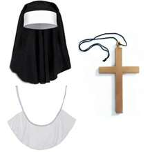 Set di 4 pezzi per costume da suora: cappello + sciarpa + collana con croce, accessori per cosplay adulti, cappello bianco da donna con colletto, ciondolo a croce dorata. Questo set multifunzionale include tutto il necessario per incarnare il look classico di una suora con un tocco moderno. Accessori per costume di Ognissanti