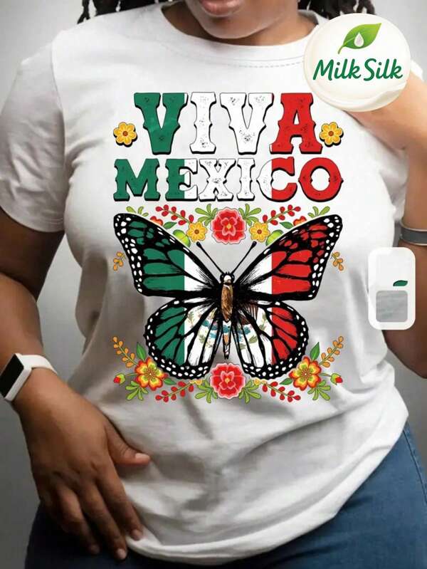 Mujer Camiseta de mujer México Envío Tela transpirable de alta calidad Manga suelta Estampado de algodón Lavado a máquina Fresco Deportes Cuello redondo Casual Manga corta Versátil Nueva Era TendenciaCamisa de manga corta de tela suave con diseño viva y colorido que celebra a México, con el lema "VIVA MEXICO", una mariposa con los colores de la bandera mexicana y flores decorativas