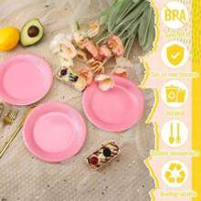 169 pièces Set de couverts rose clair, assiettes jetables, serviettes et gobelets, nappe de 137*274 cm - Pour servir 24 invités pour un anniversaire, un mariage, une fête, un pique-nique en famille, la Fête des Mères ou une remise de diplôme, Vaisselle en papier jetable