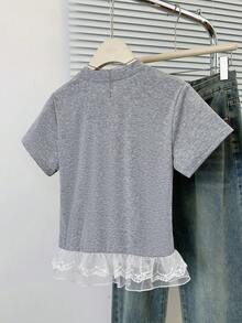 蝴蝶结刺绣蕾丝短袖T恤，宽松设计小众夏季上衣 - 灰色 - 查看 7